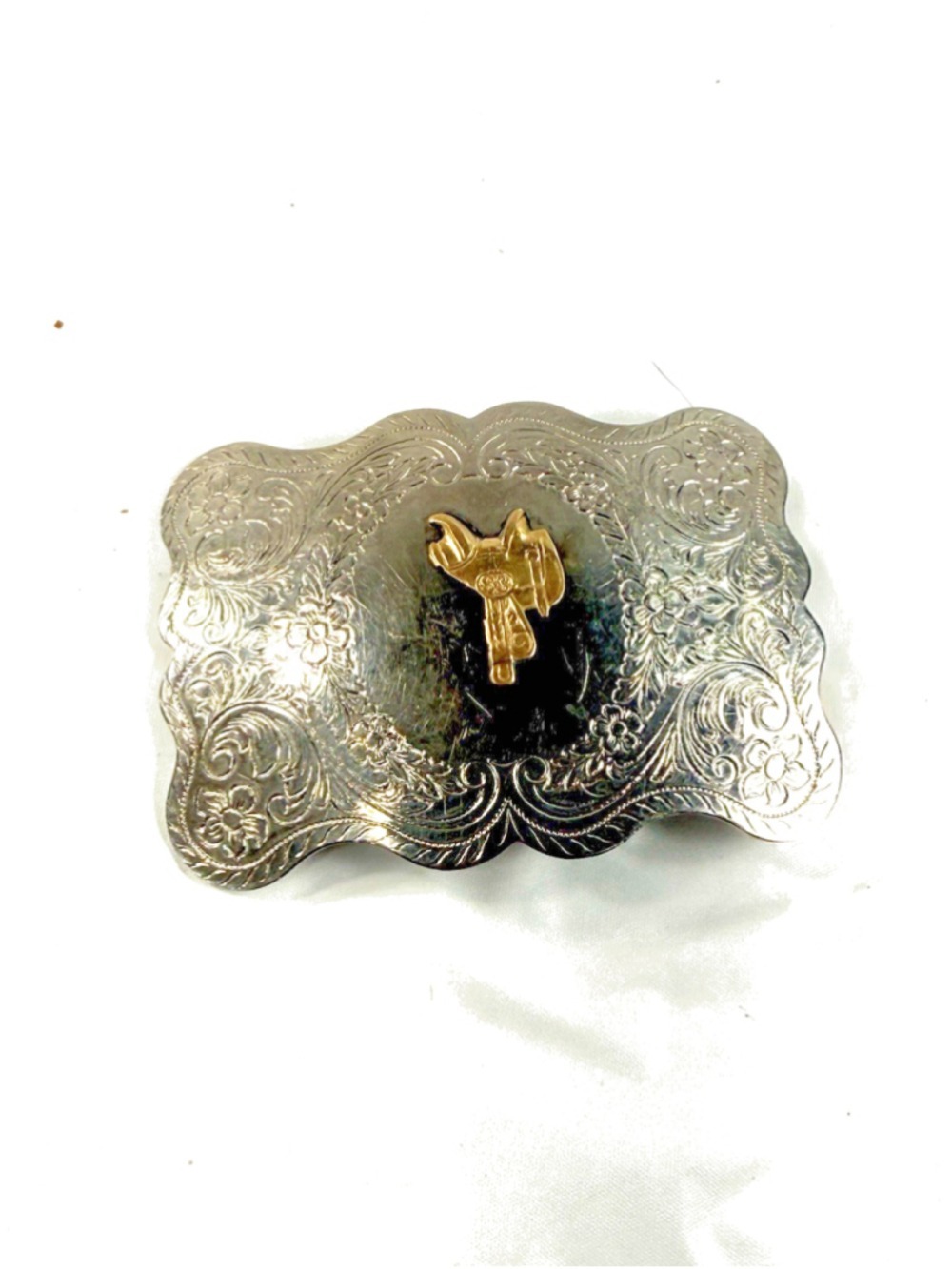 Horse Saddle Vintage Lyntone Nickel Silver Western Rodeo Cowboys Belt Buckle